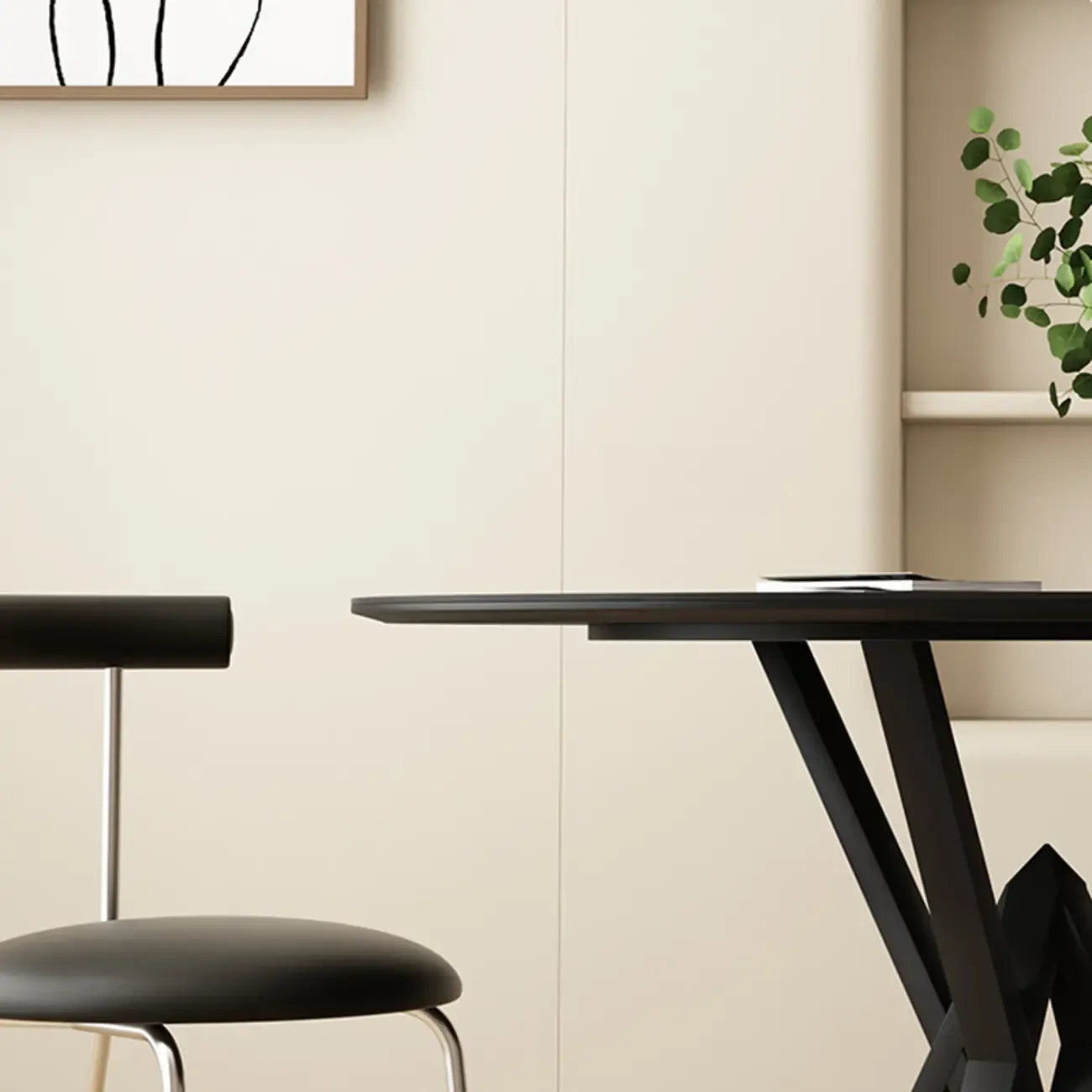 Solid Black Metal Stone Round Dining Table Image - 6