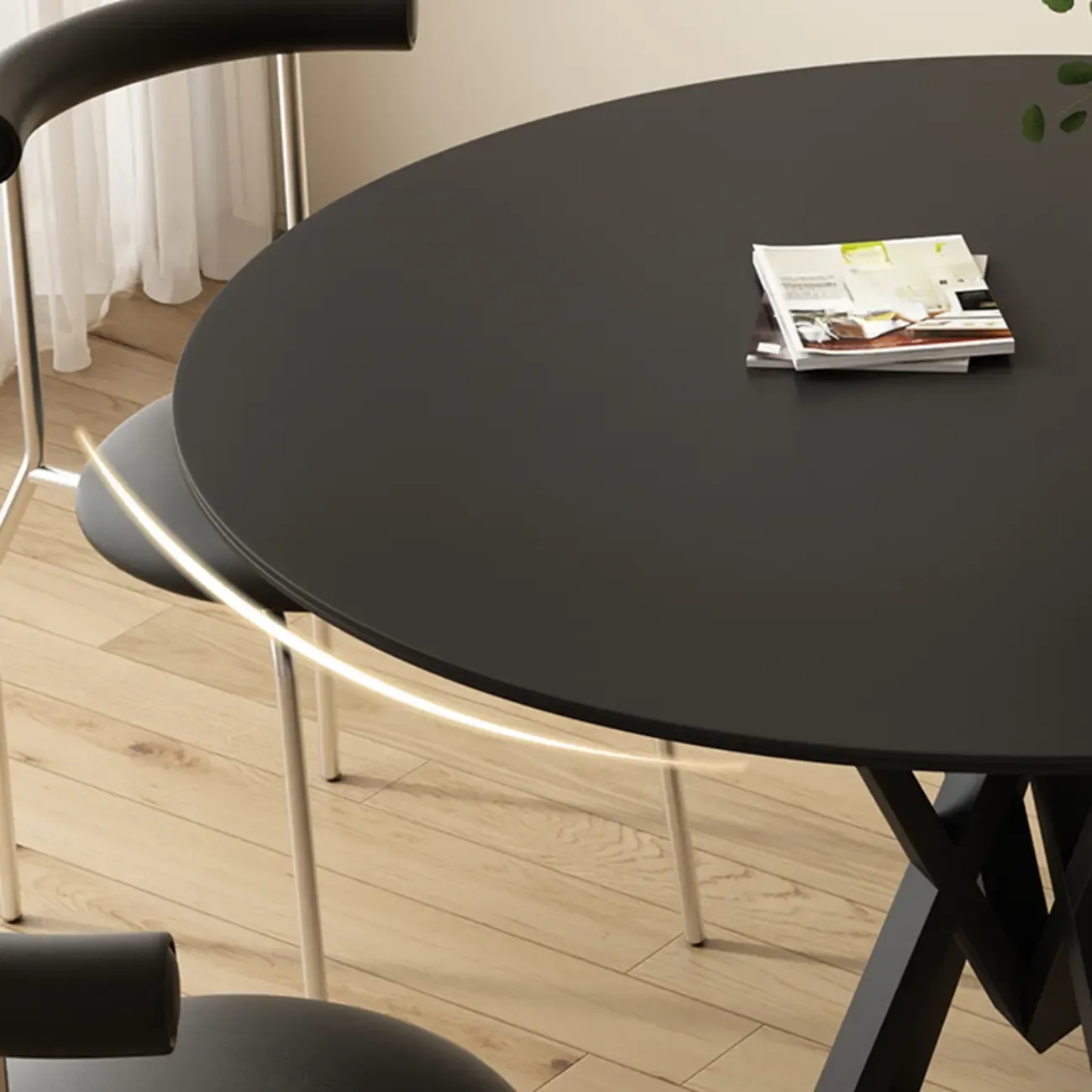 Solid Black Metal Stone Round Dining Table Image - 8