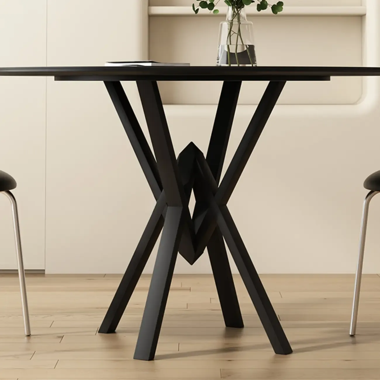 Solid Black Metal Stone Round Dining Table Image - 9