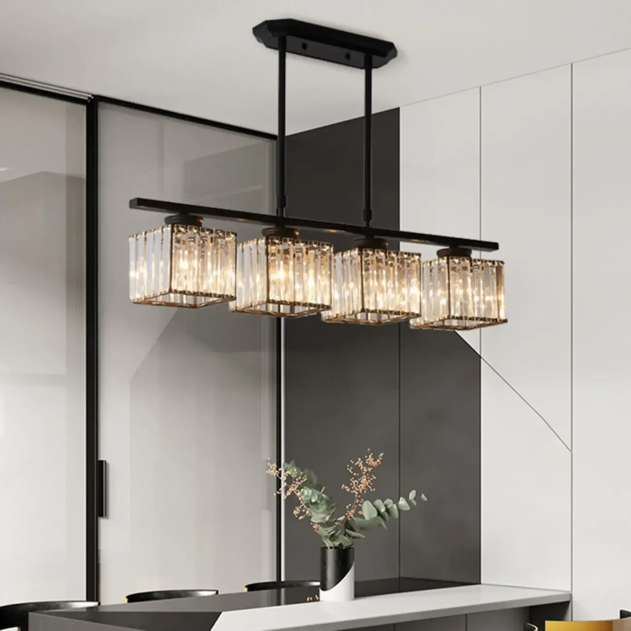 Adjustable 3/4 Lights Crystal Metal Pendant Light for Dining