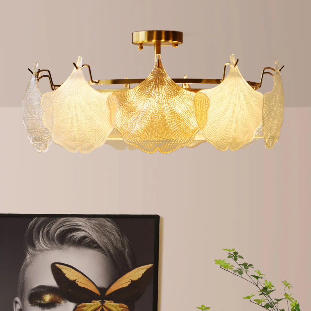 Modern Glass Leaf Shape Golden Cylinder Semi Flush Mount Ceiling Light Image - 1 | homeyfad
