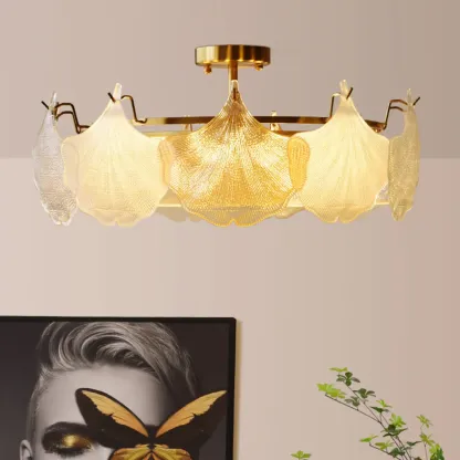 Modern Glass Leaf Shape Golden Cylinder Semi Flush Mount Ceiling Light Image - 1