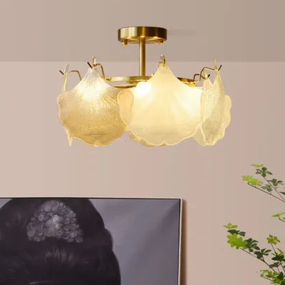 Modern Glass Leaf Shape Golden Cylinder Semi Flush Mount Ceiling Light Image - 2