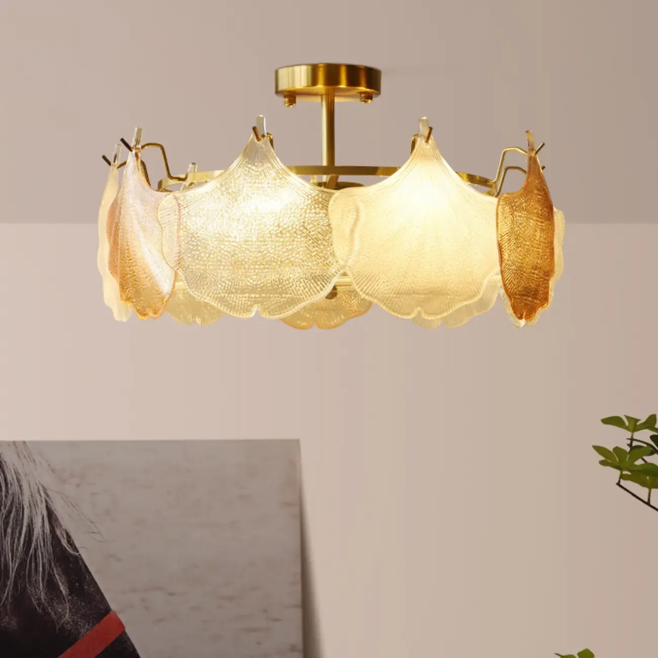 Modern Glass Leaf Shape Golden Cylinder Semi Flush Mount Ceiling Light Image - 3