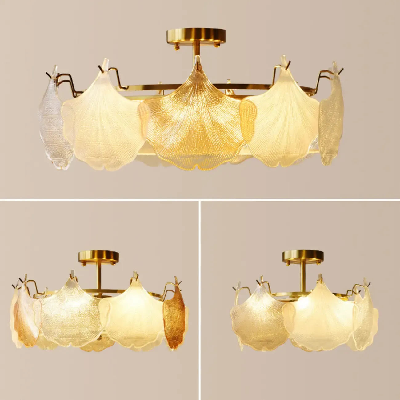 Modern Glass Leaf Shape Golden Cylinder Semi Flush Mount Ceiling Light Image - 4