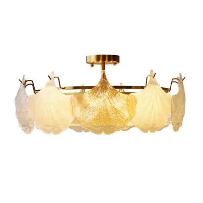 Modern Glass Leaf Shape Golden Cylinder Semi Flush Mount Ceiling Light Image - 5