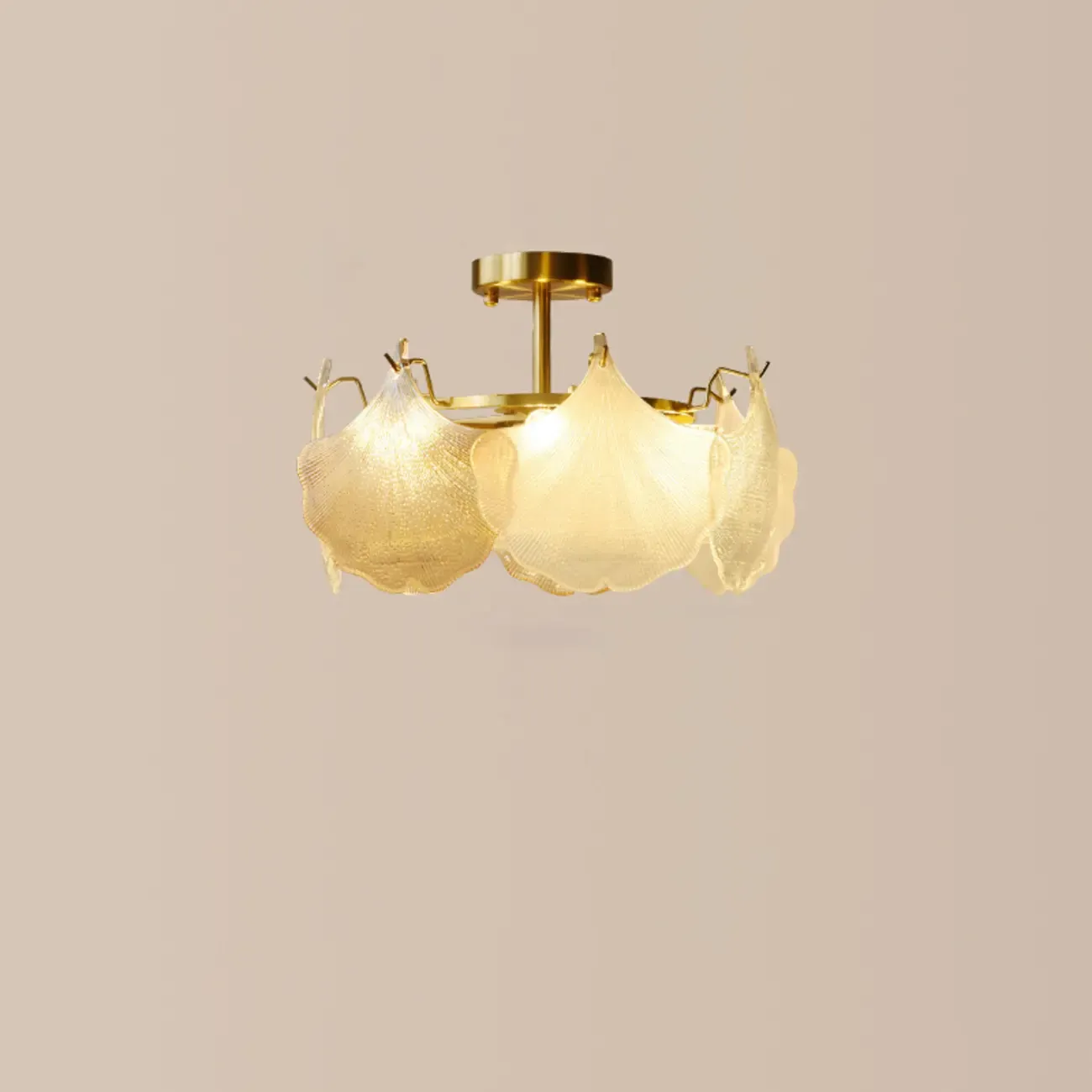 Modern Glass Leaf Shape Golden Cylinder Semi Flush Mount Ceiling Light Image - 6