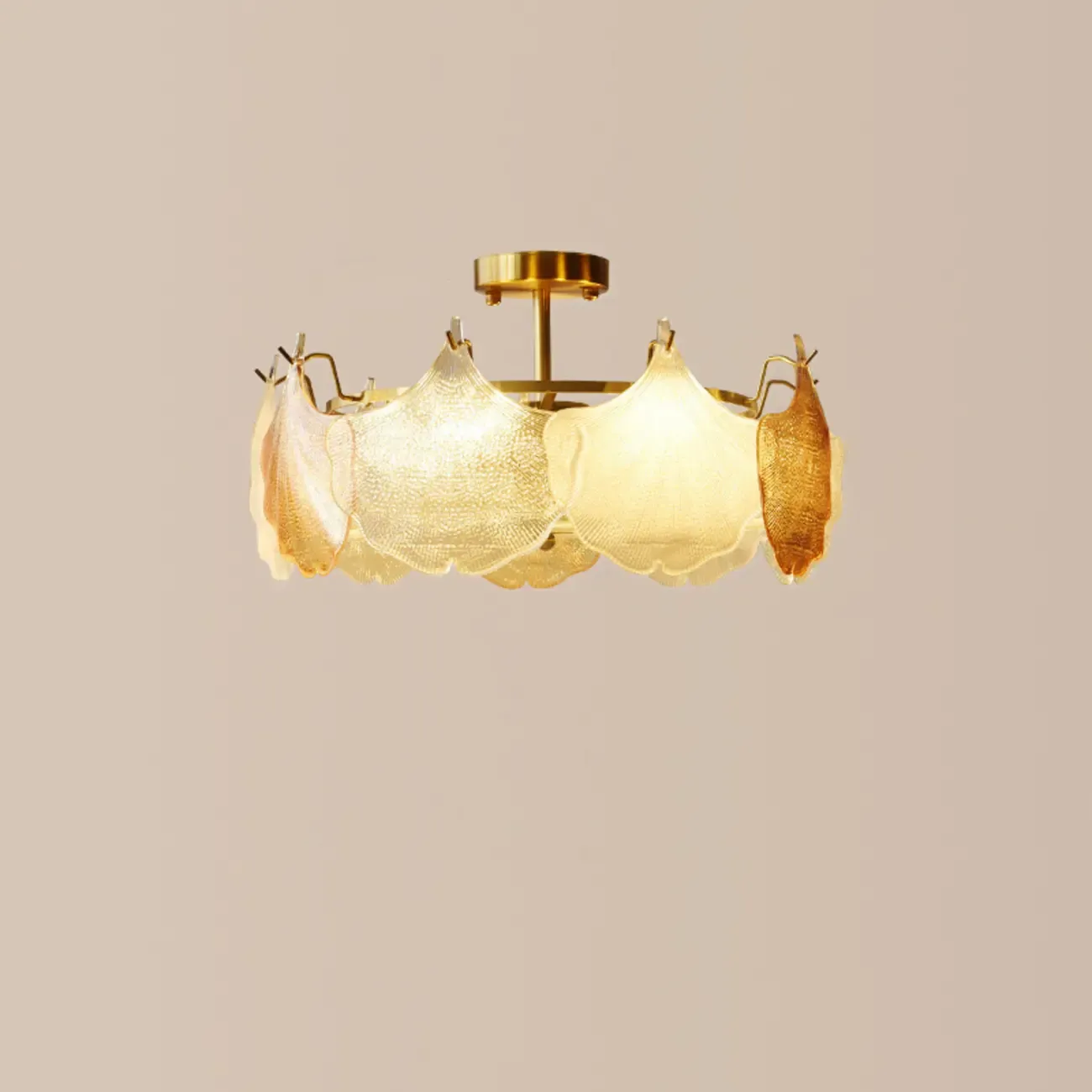 Modern Glass Leaf Shape Golden Cylinder Semi Flush Mount Ceiling Light Image - 7