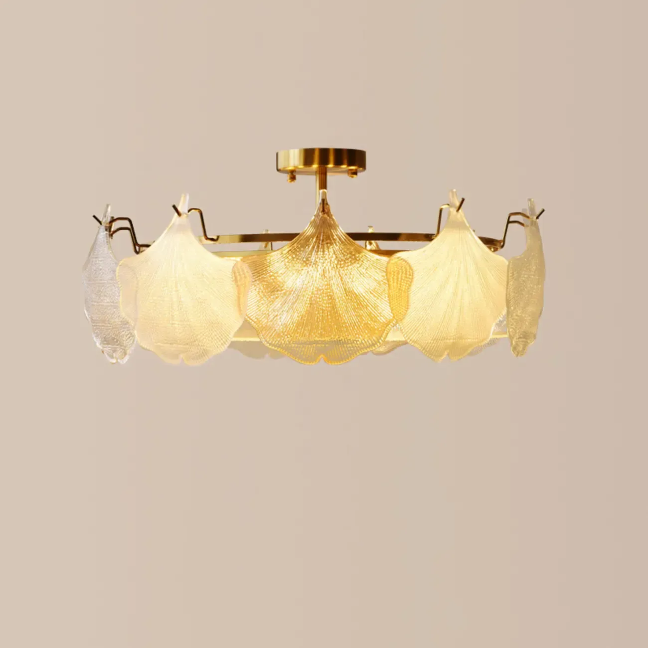 Modern Glass Leaf Shape Golden Cylinder Semi Flush Mount Ceiling Light Image - 8
