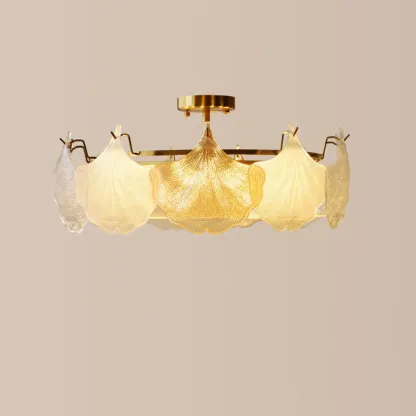 Modern Glass Leaf Shape Golden Cylinder Semi Flush Mount Ceiling Light Image - 8