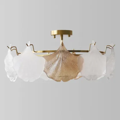 Modern Glass Leaf Shape Golden Cylinder Semi Flush Mount Ceiling Light Image - 9