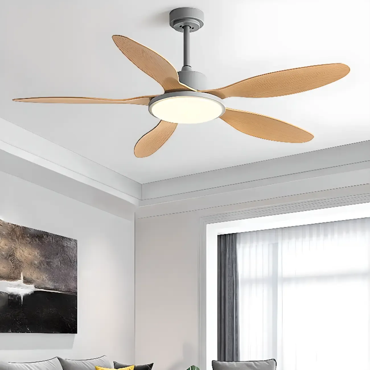 Nordic Wood Downrod Ceiling Fan 3-Gear Dimming for Living Room