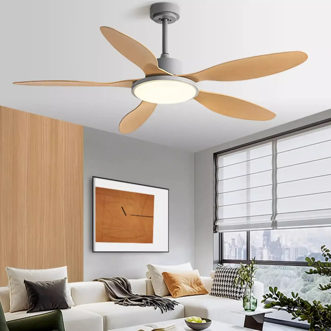 Nordic Wood Downrod Ceiling Fan 3-Gear Dimming for Living Room | homeyfad