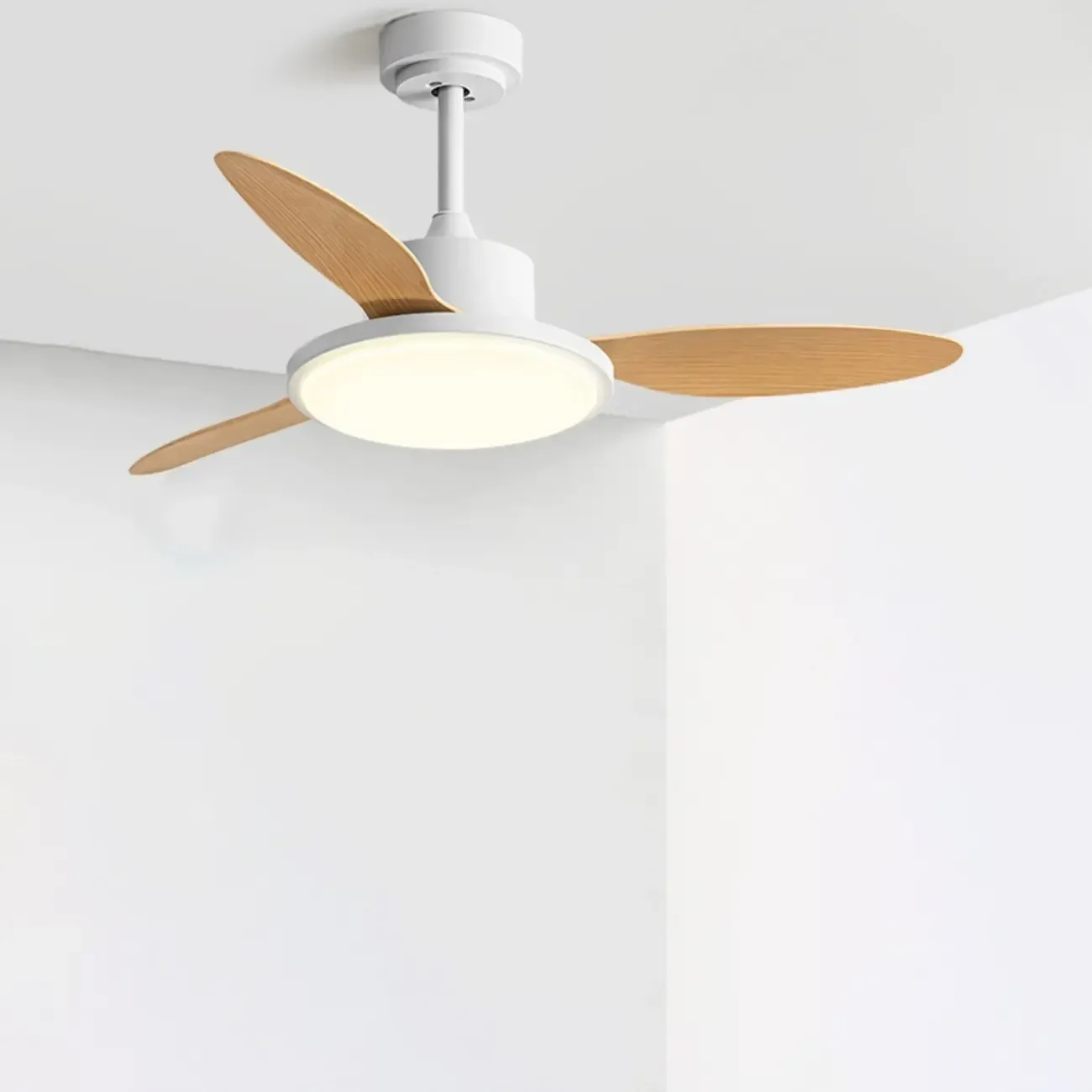 Nordic Wood Downrod Ceiling Fan 3-Gear Dimming for Living Room
