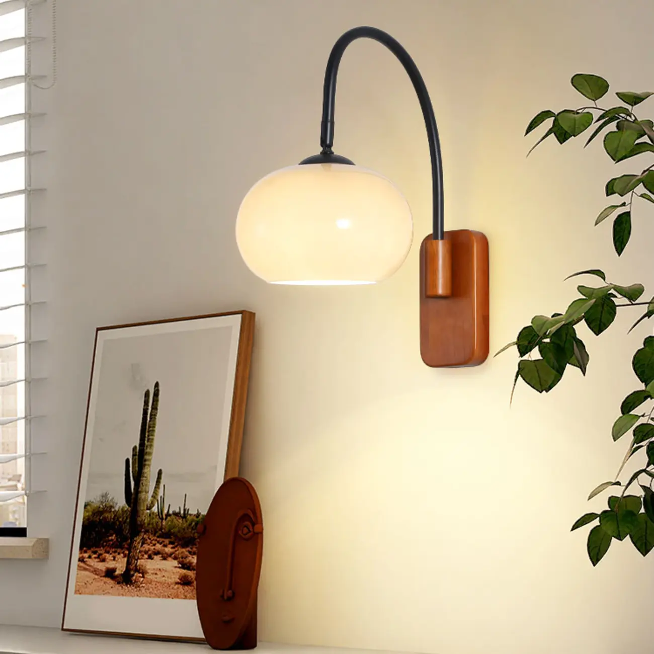 Modern Wood Wall Light with Milk Glass Shade for Indoors Image - 2 | homeyfad