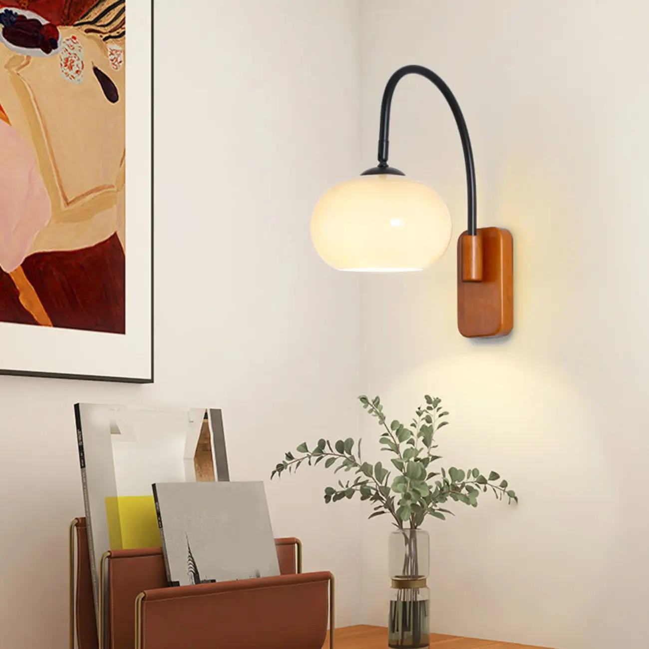 Modern Wood Wall Light with Milk Glass Shade for Indoors Image - 6 | homeyfad