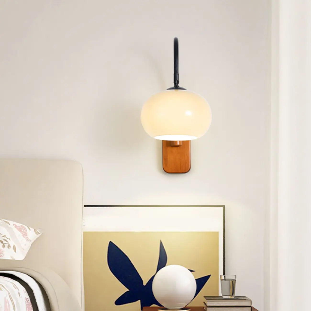 Modern Wood Wall Light with Milk Glass Shade for Indoors Image - 8 | homeyfad