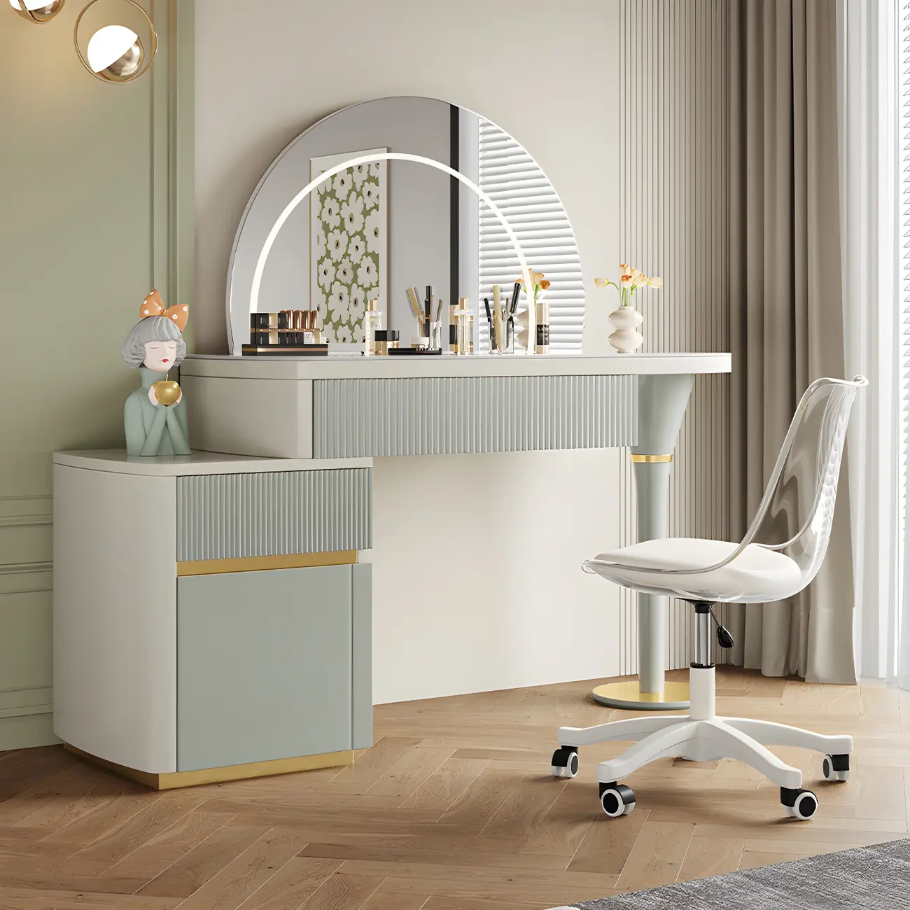 Stone-Top Green Makeup Vanity Desk with Semicircular Mirror | homeyfad