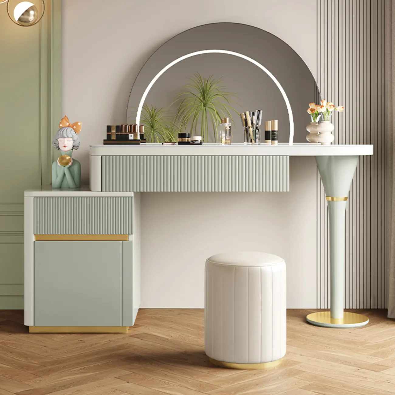 Stone-Top Green Makeup Vanity Desk with Semicircular Mirror | homeyfad