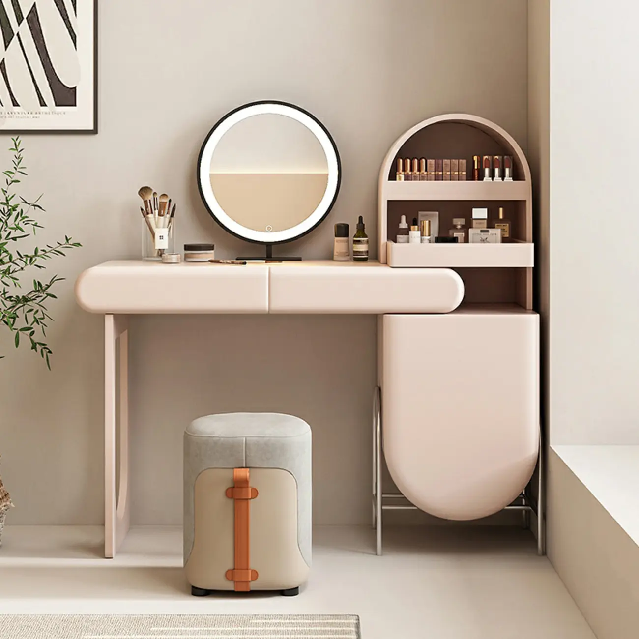 Elegant Pink Storage Makeup Vanity with Mirror | homeyfad
