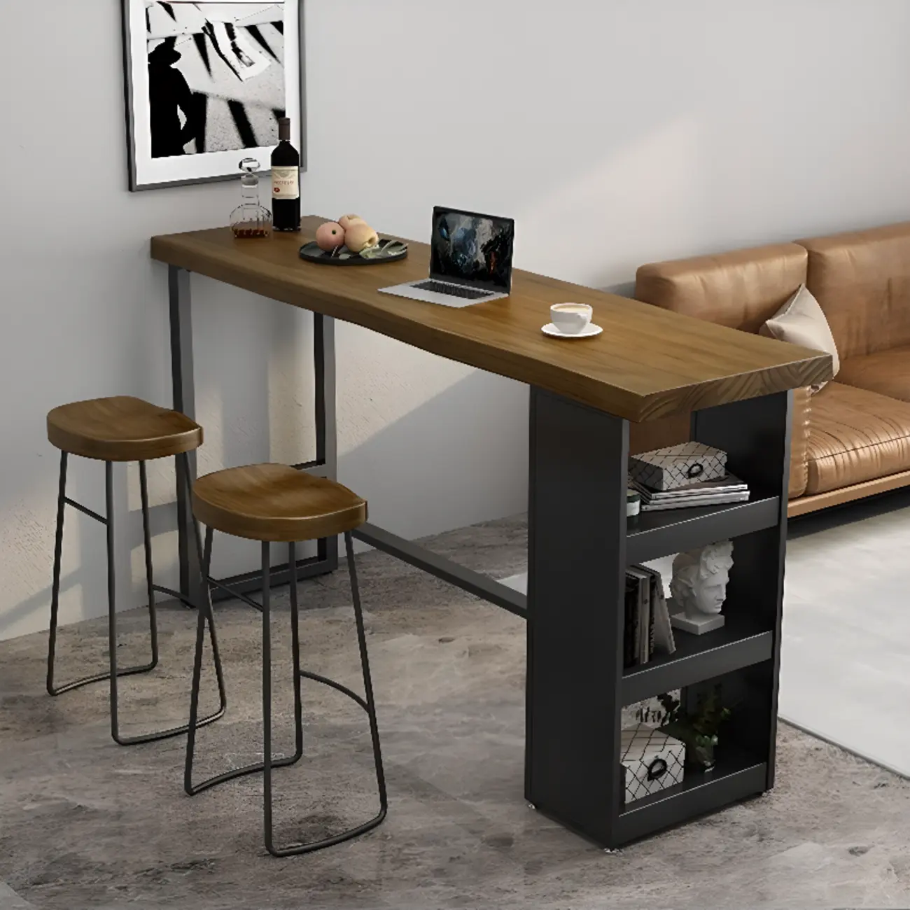 Industrial Brown Wooden Bar Height Table Metal Base with Shelves Image - 1 | homeyfad