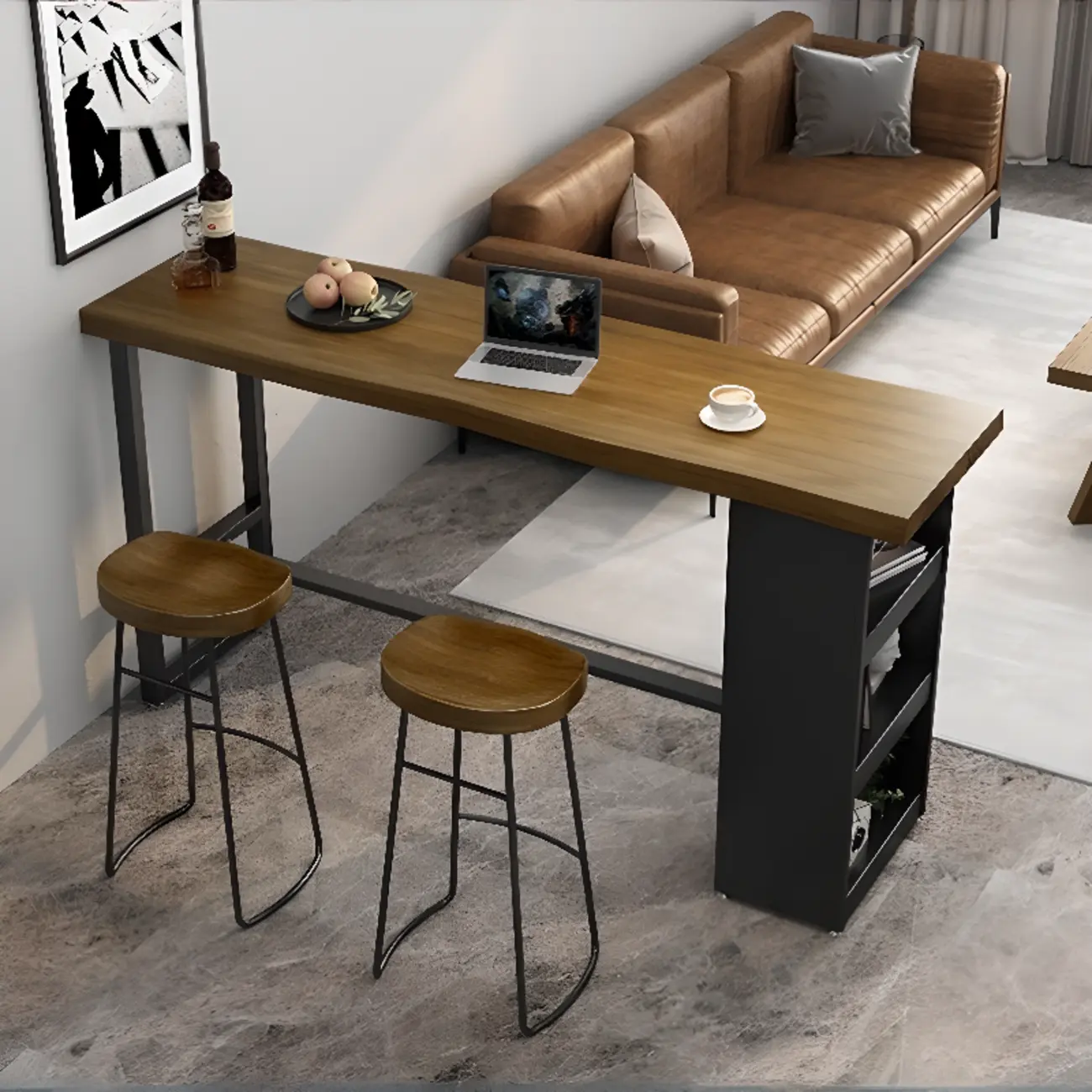 Industrial Brown Wooden Bar Height Table Metal Base with Shelves Image - 4 | homeyfad