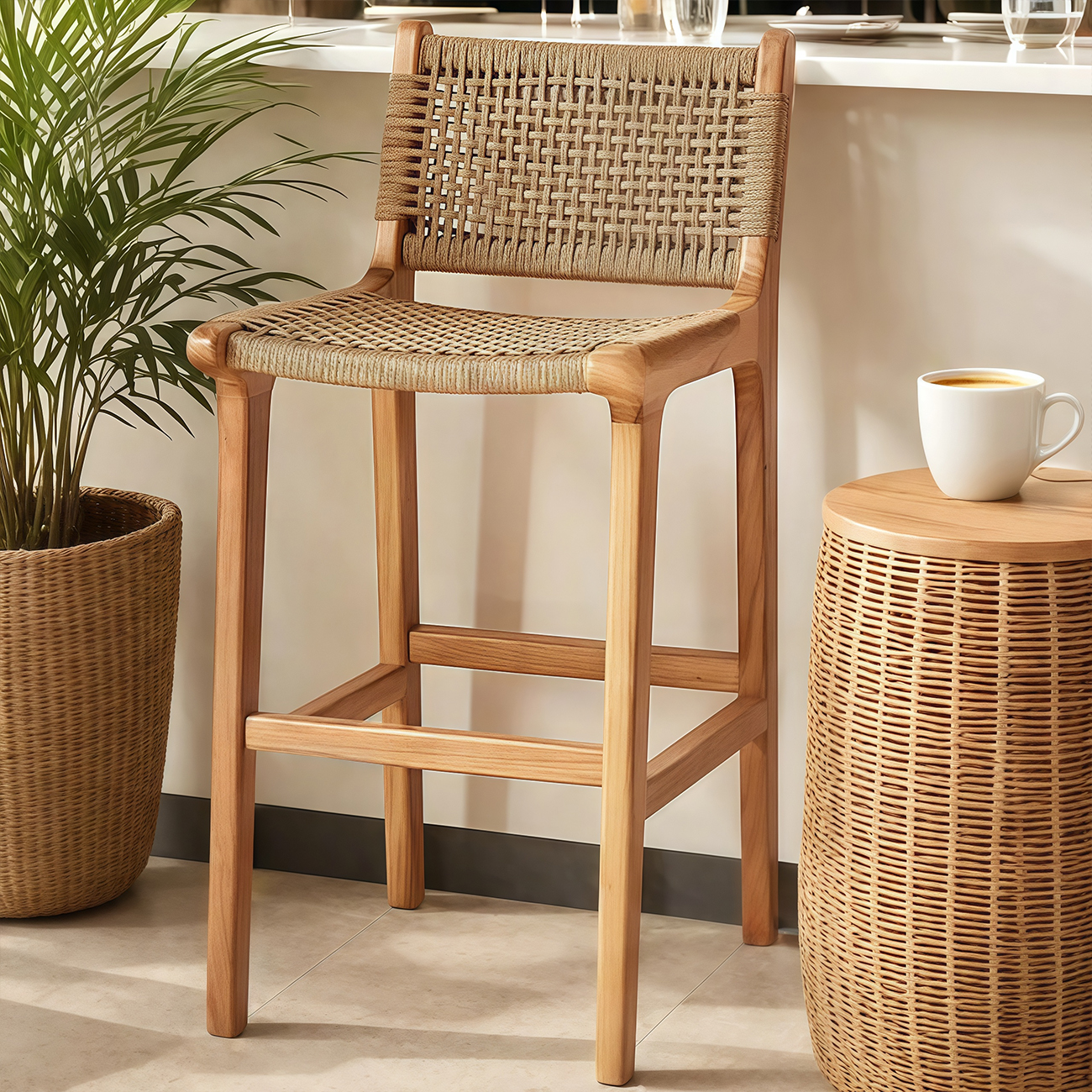 Scandinavian Wooden Ratten Bar Stool | homeyfad