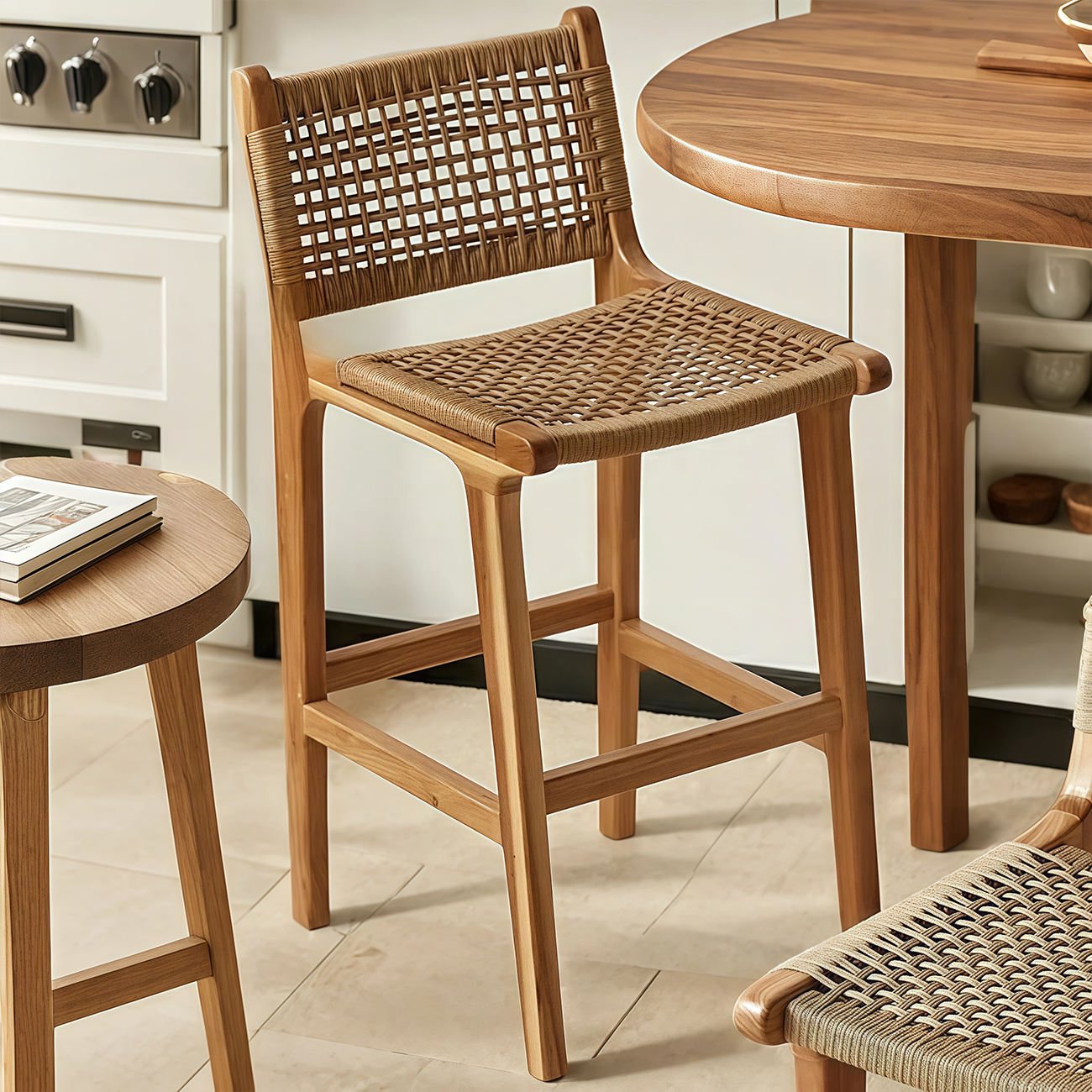 Scandinavian Wooden Ratten Bar Stool | homeyfad