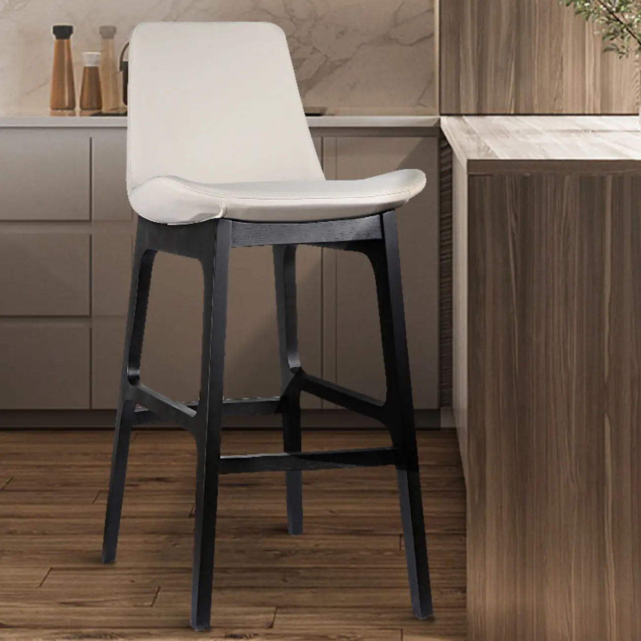 Ergonomic Bistro Square Ash Wood Leather Bar Stool Image - 1 | homeyfad