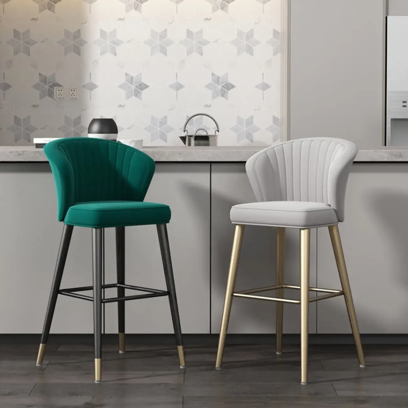 Glam Metal Curved Back Cushioned Bar Stool