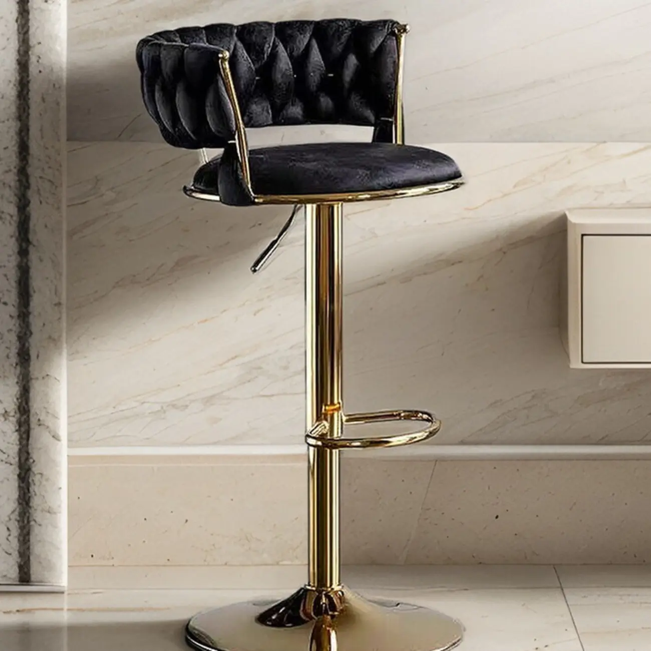 Black Round Adjustable Velvet Gold Base Bar Stools Image - 1 | homeyfad