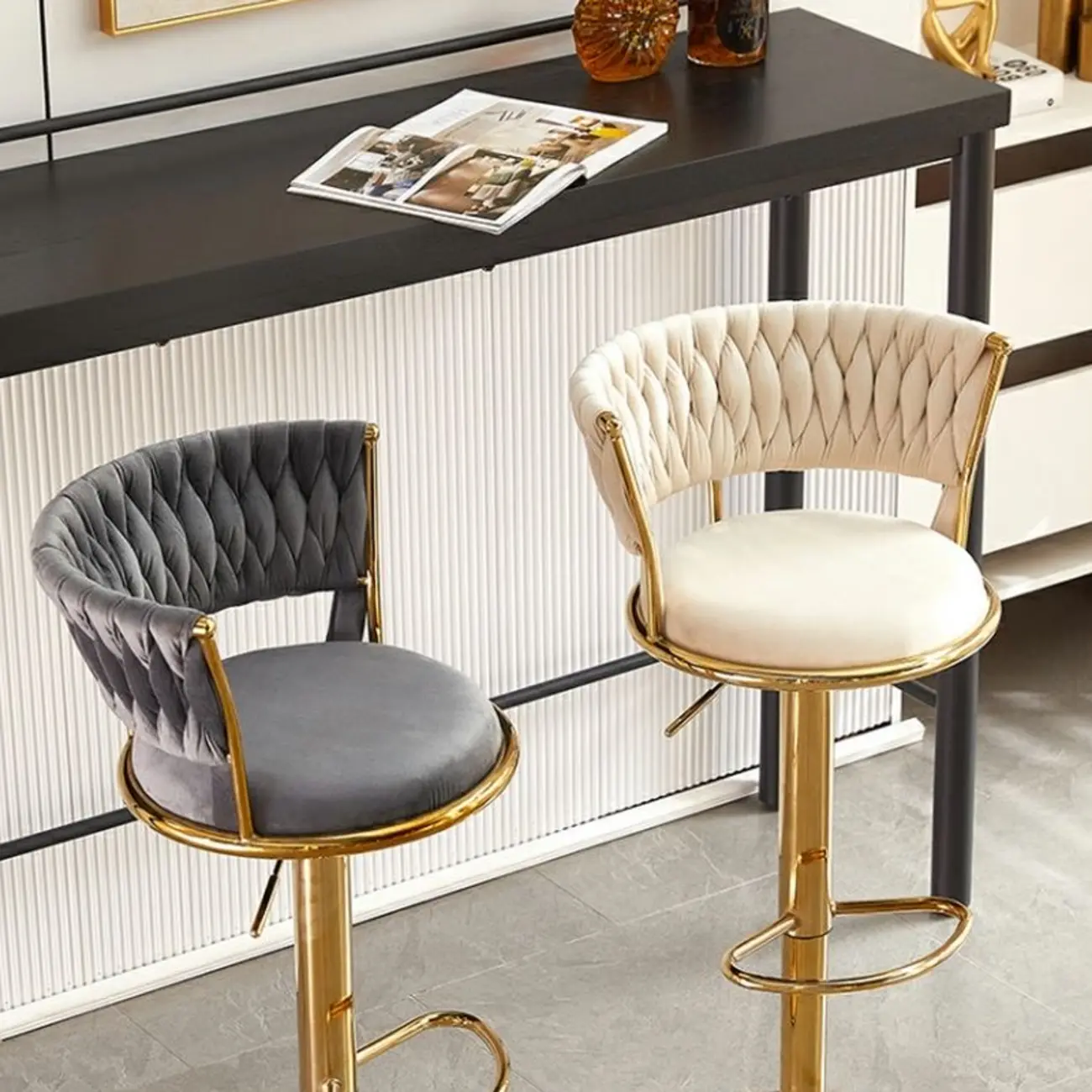 Black Round Adjustable Velvet Gold Base Bar Stools Image - 14 | homeyfad