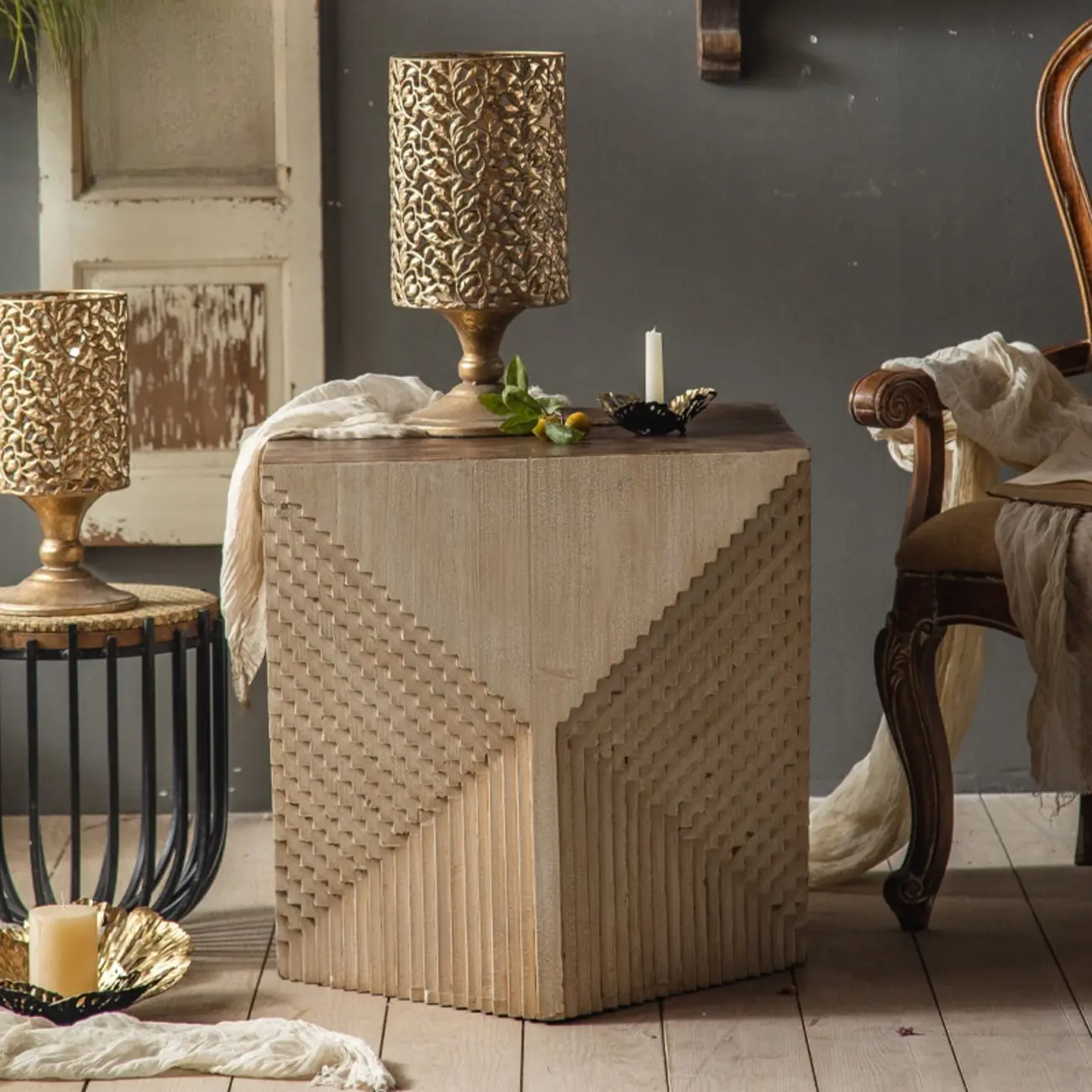 Rustic Natural Finish Wood Block Side Table for Living Room Image - 1 | homeyfad