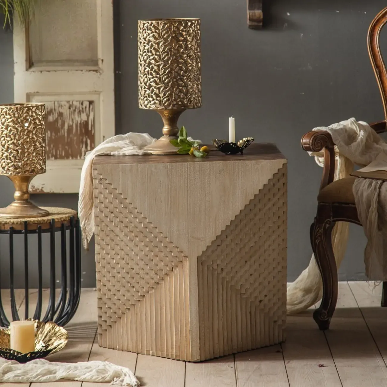 Rustic Natural Finish Wood Block Side Table for Living Room Image - 1