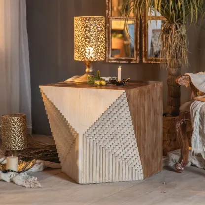 Rustic Natural Finish Wood Block Side Table for Living Room Image - 4