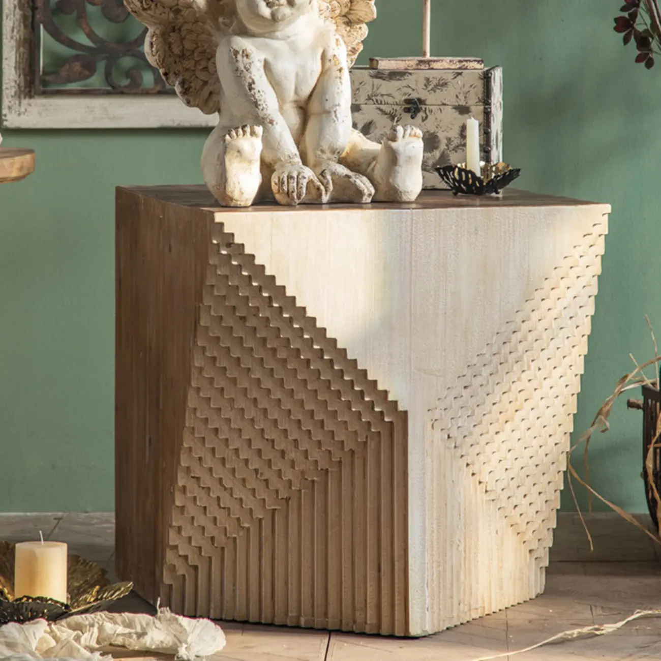 Rustic Natural Finish Wood Block Side Table for Living Room Image - 5 | homeyfad