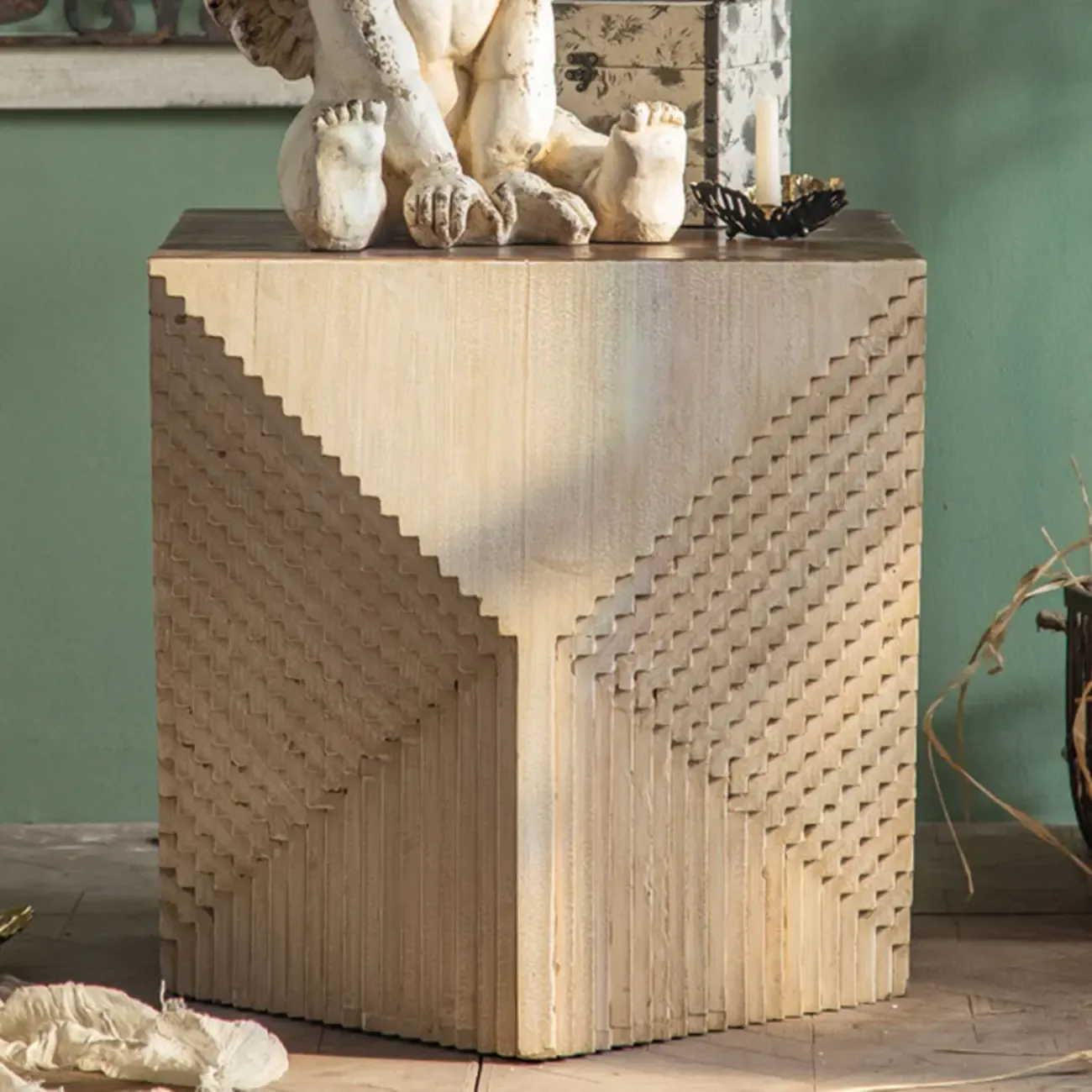 Rustic Natural Finish Wood Block Side Table for Living Room Image - 6