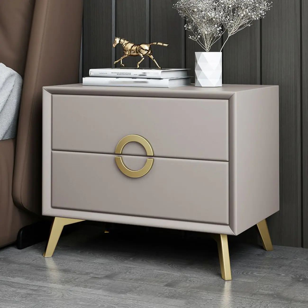 Chic Khaki Leather Gold Accents 2-Drawer Nightstand Image - 1 | homeyfad