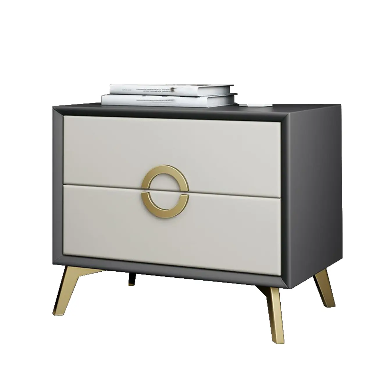 Chic Khaki Leather Gold Accents 2-Drawer Nightstand Image - 2 | homeyfad