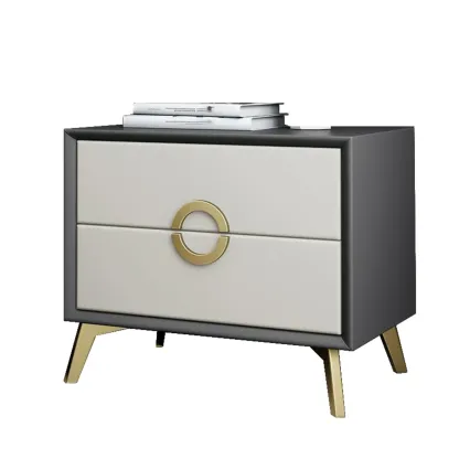 Chic Khaki Leather Gold Accents 2-Drawer Nightstand Image - 2