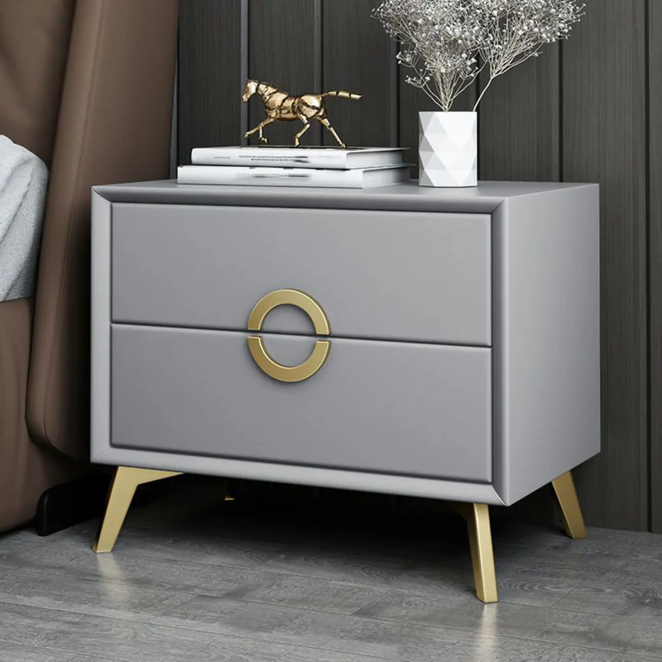 Chic Khaki Leather Gold Accents 2-Drawer Nightstand Image - 3 | homeyfad