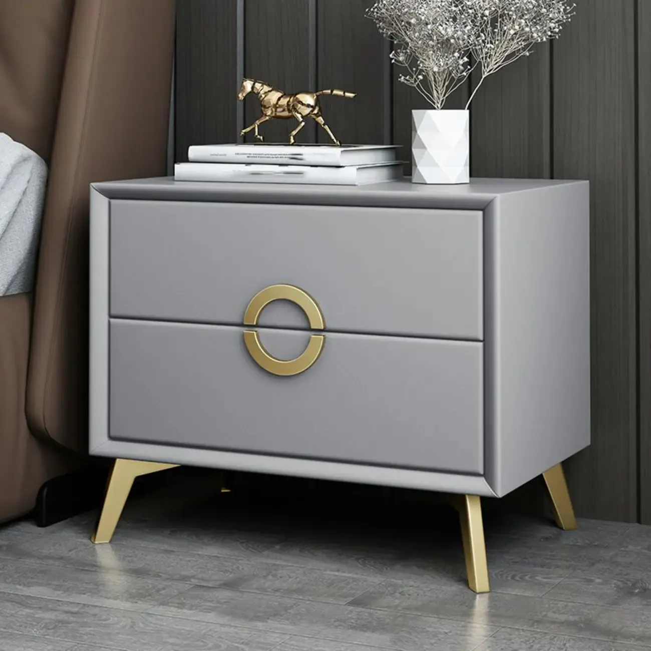 Chic Khaki Leather Gold Accents 2-Drawer Nightstand Image - 3