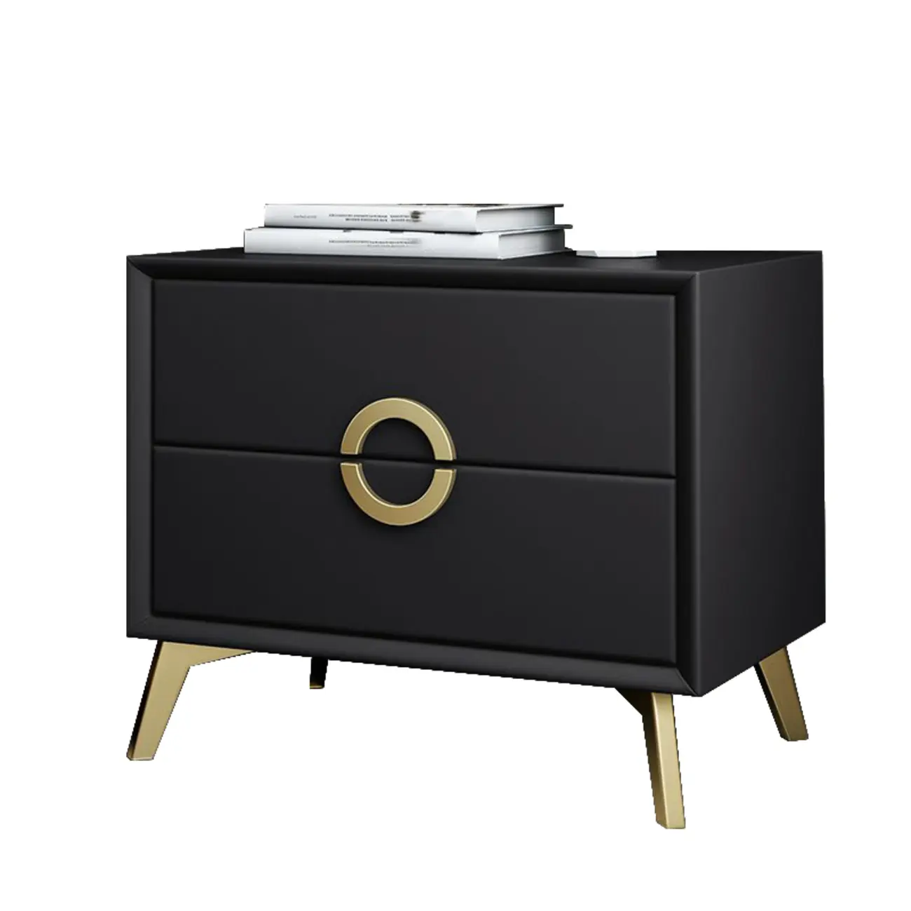 Chic Khaki Leather Gold Accents 2-Drawer Nightstand Image - 4 | homeyfad