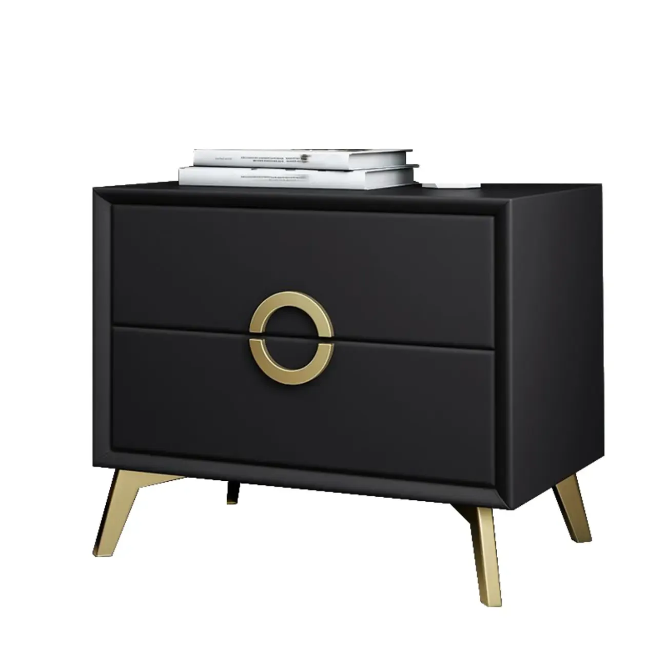 Chic Khaki Leather Gold Accents 2-Drawer Nightstand Image - 4