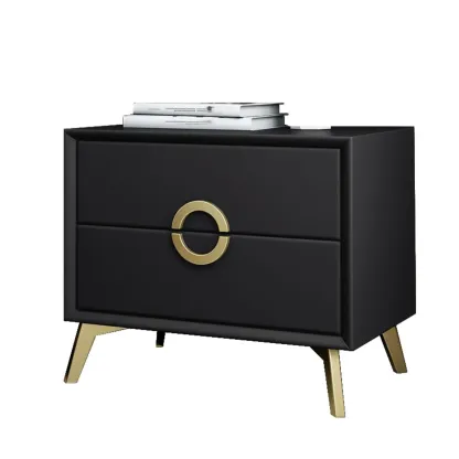 Chic Khaki Leather Gold Accents 2-Drawer Nightstand Image - 4