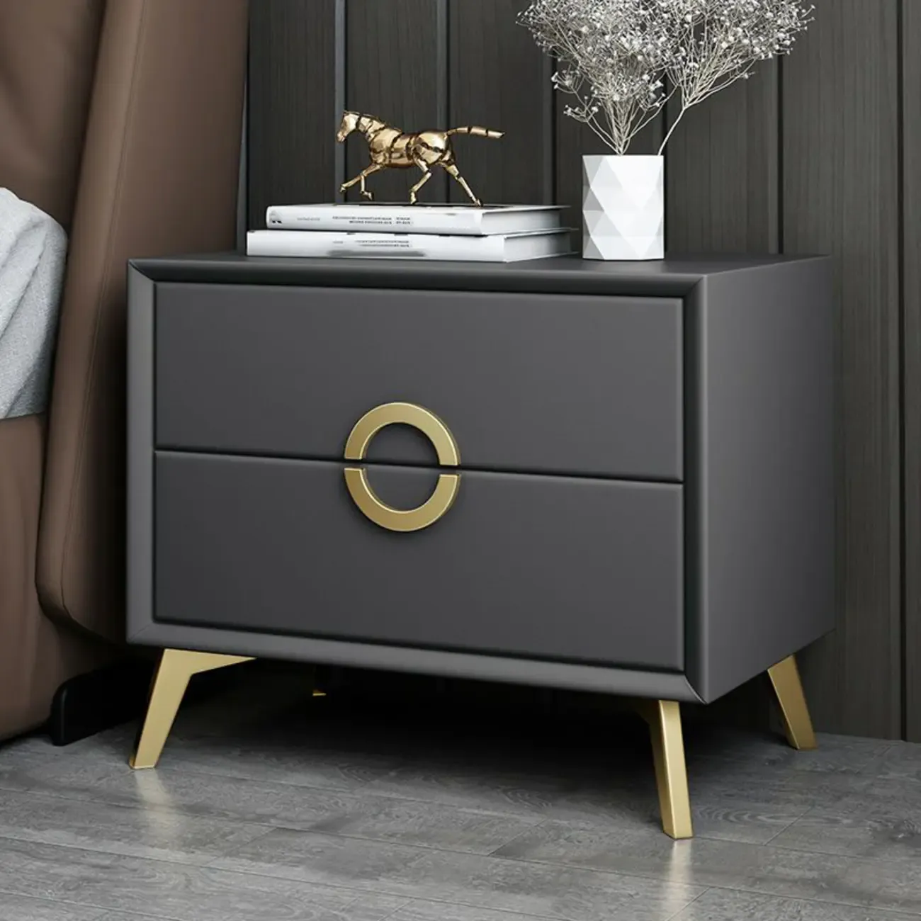 Chic Khaki Leather Gold Accents 2-Drawer Nightstand Image - 5