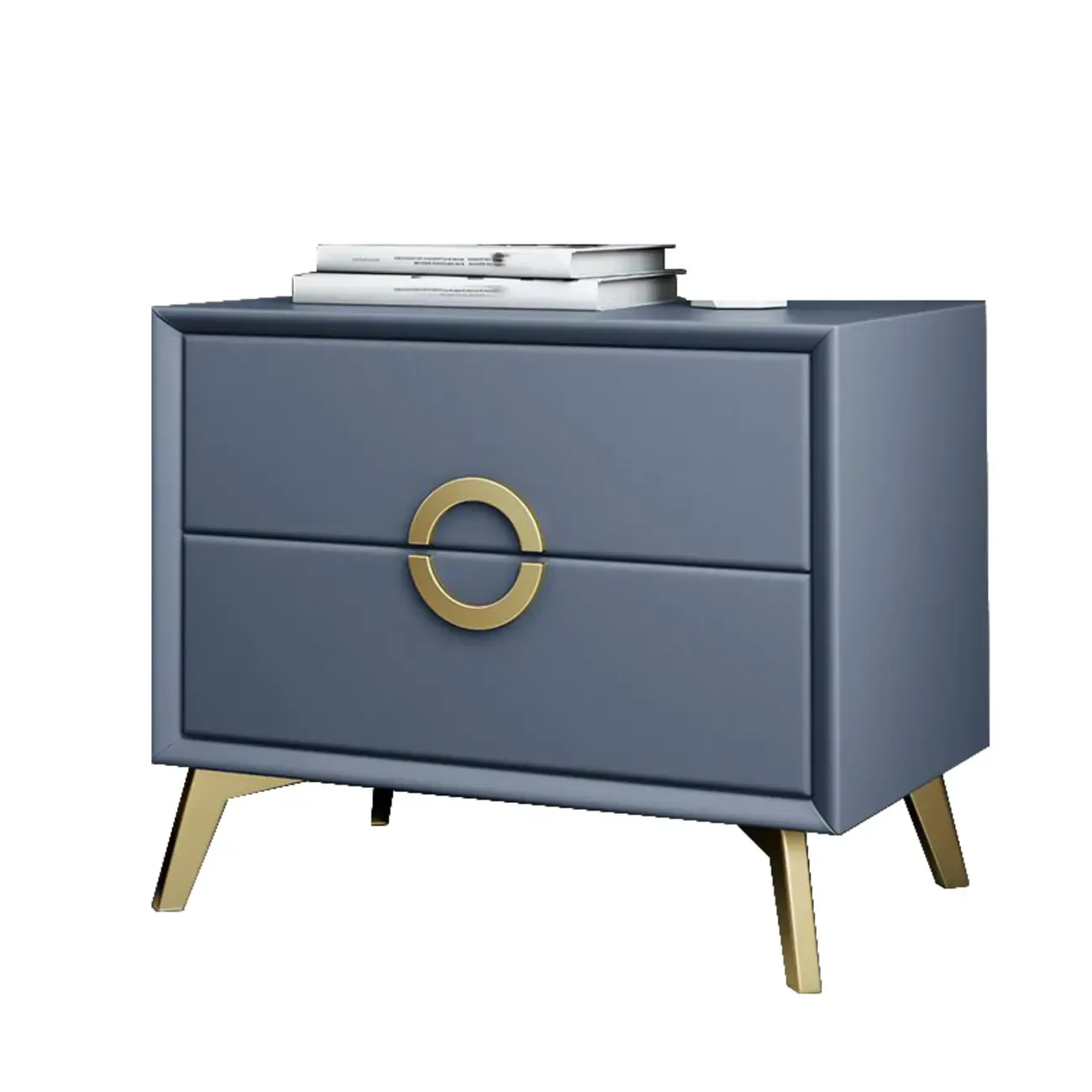 Chic Khaki Leather Gold Accents 2-Drawer Nightstand Image - 6