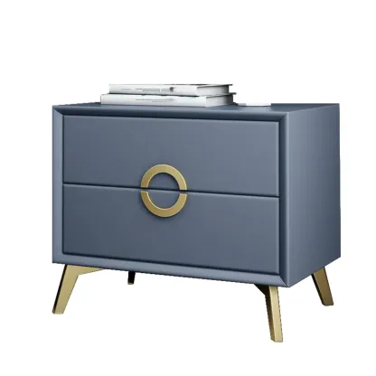 Chic Khaki Leather Gold Accents 2-Drawer Nightstand Image - 6