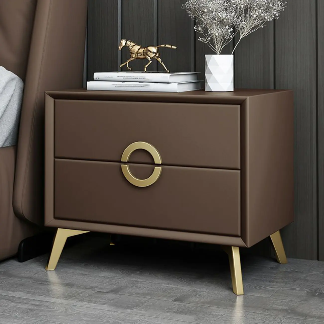 Chic Khaki Leather Gold Accents 2-Drawer Nightstand Image - 7 | homeyfad