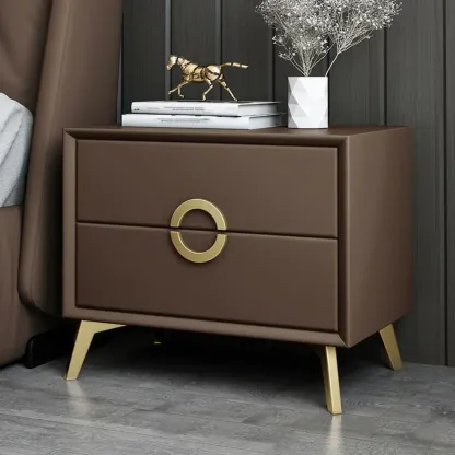 Chic Khaki Leather Gold Accents 2-Drawer Nightstand Image - 7
